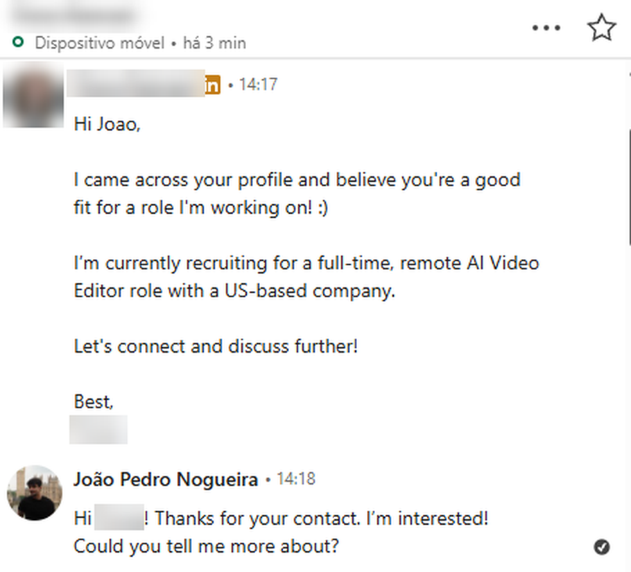 Mensagem de recrutadora no LinkedIn sobre vaga remota de AI Video Editor nos EUA